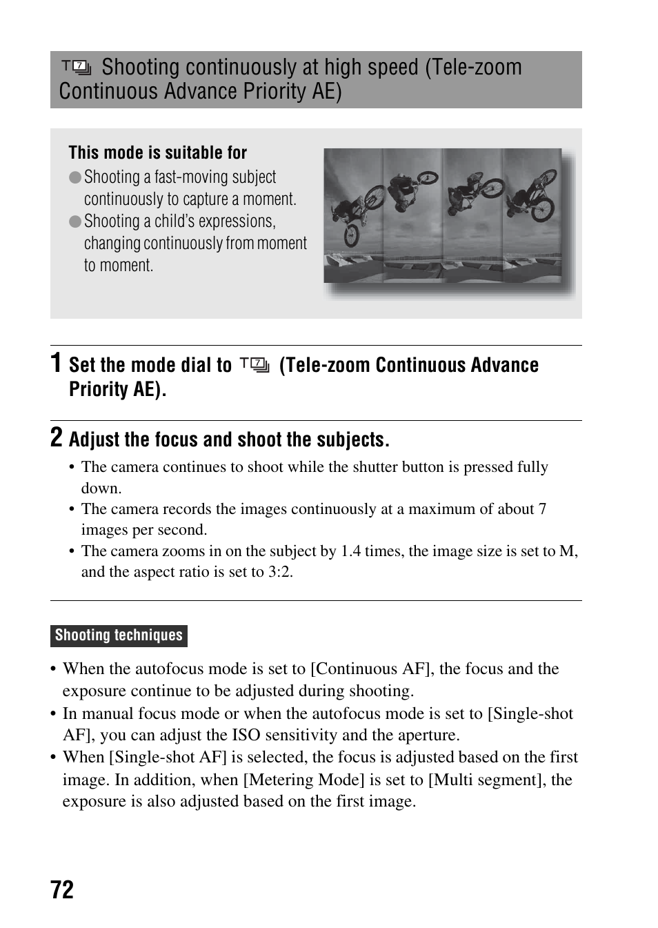 Shooting continuously at high speed (tele-zoom, Continuous advance priority ae) | Sony SLT-A35 User Manual | Page 72 / 202