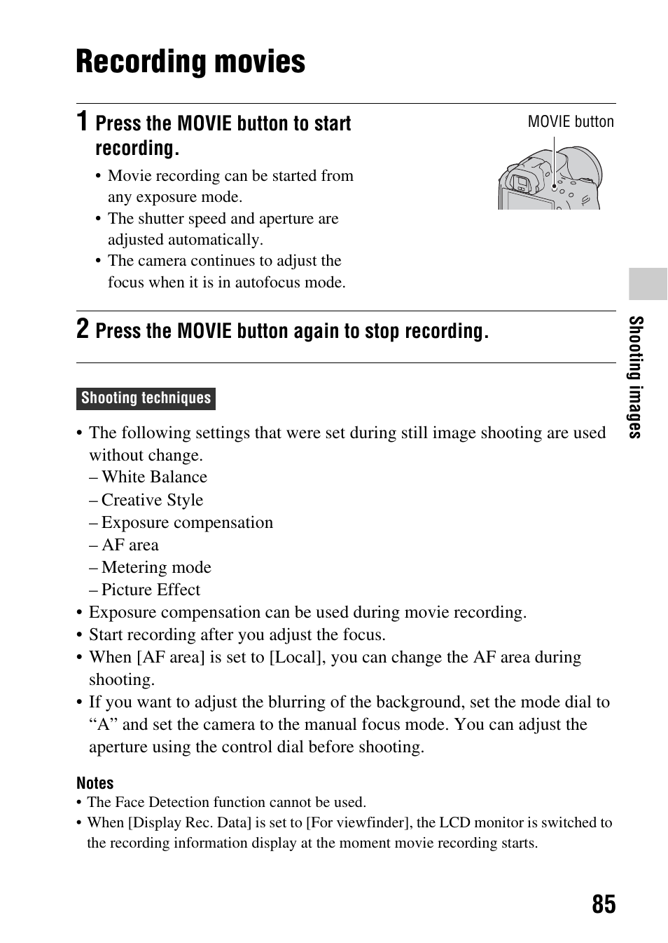 Recording movies, N (85) | Sony SLT-A35 User Manual | Page 85 / 202