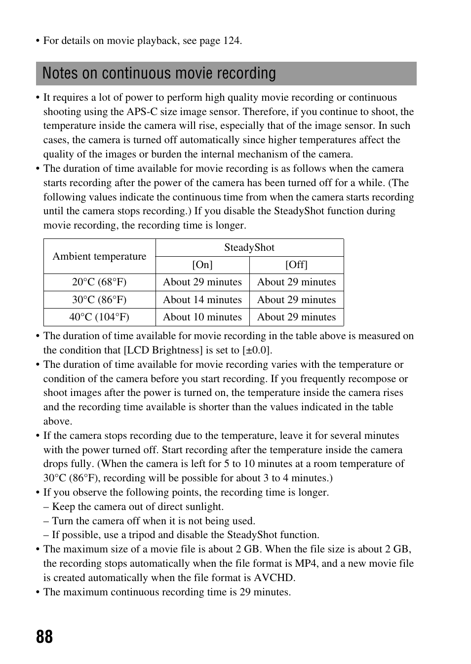 Notes on continuous movie recording | Sony SLT-A35 User Manual | Page 88 / 202