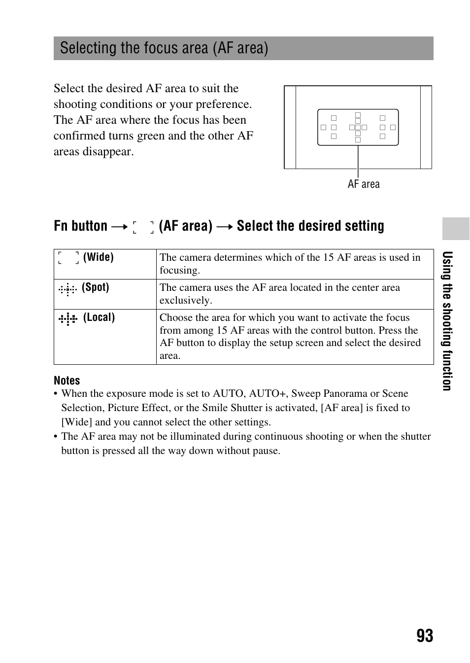 Selecting the focus area (af area), N (93), Fn button t (af area) t select the desired setting | Sony SLT-A35 User Manual | Page 93 / 202