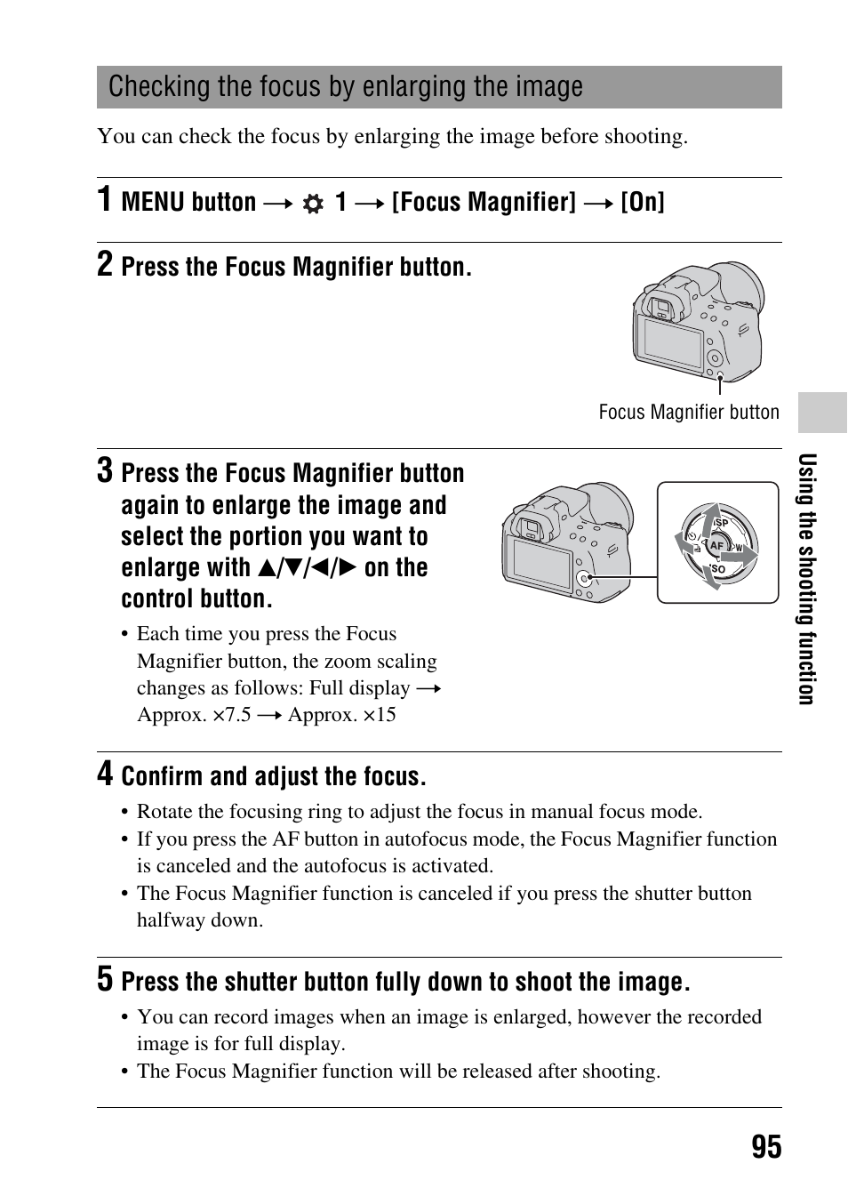 Checking the focus by enlarging the image, N (95 | Sony SLT-A35 User Manual | Page 95 / 202