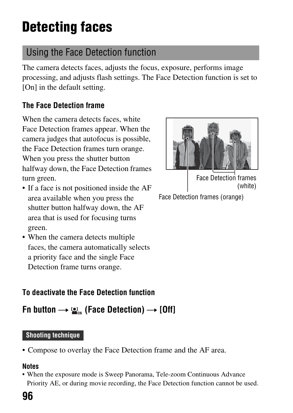 Detecting faces, Using the face detection function, Ion (96) | Sony SLT-A35 User Manual | Page 96 / 202