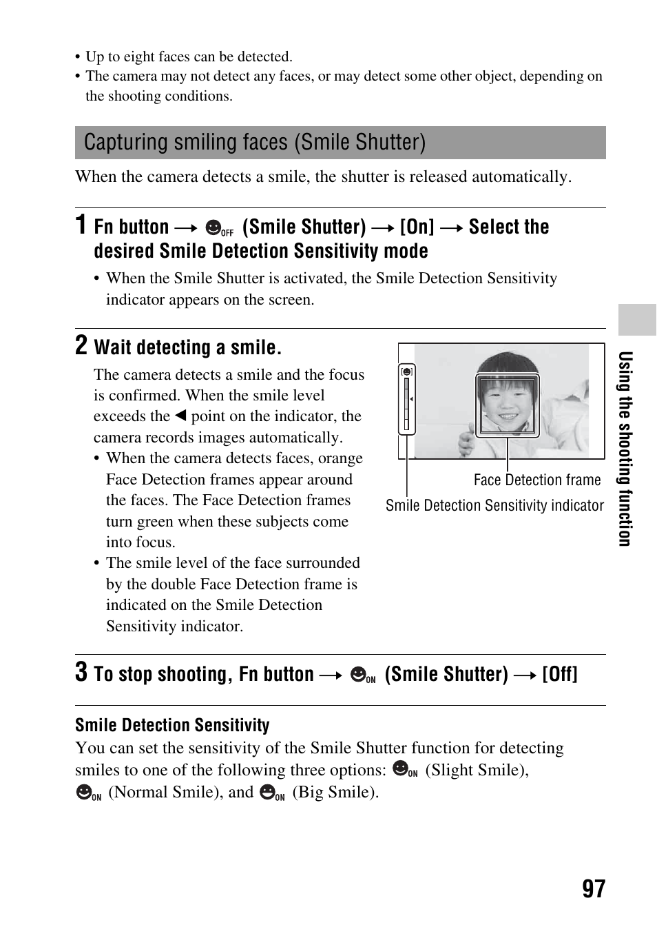 Capturing smiling faces (smile shutter), Ter (97), R (97) | Sony SLT-A35 User Manual | Page 97 / 202