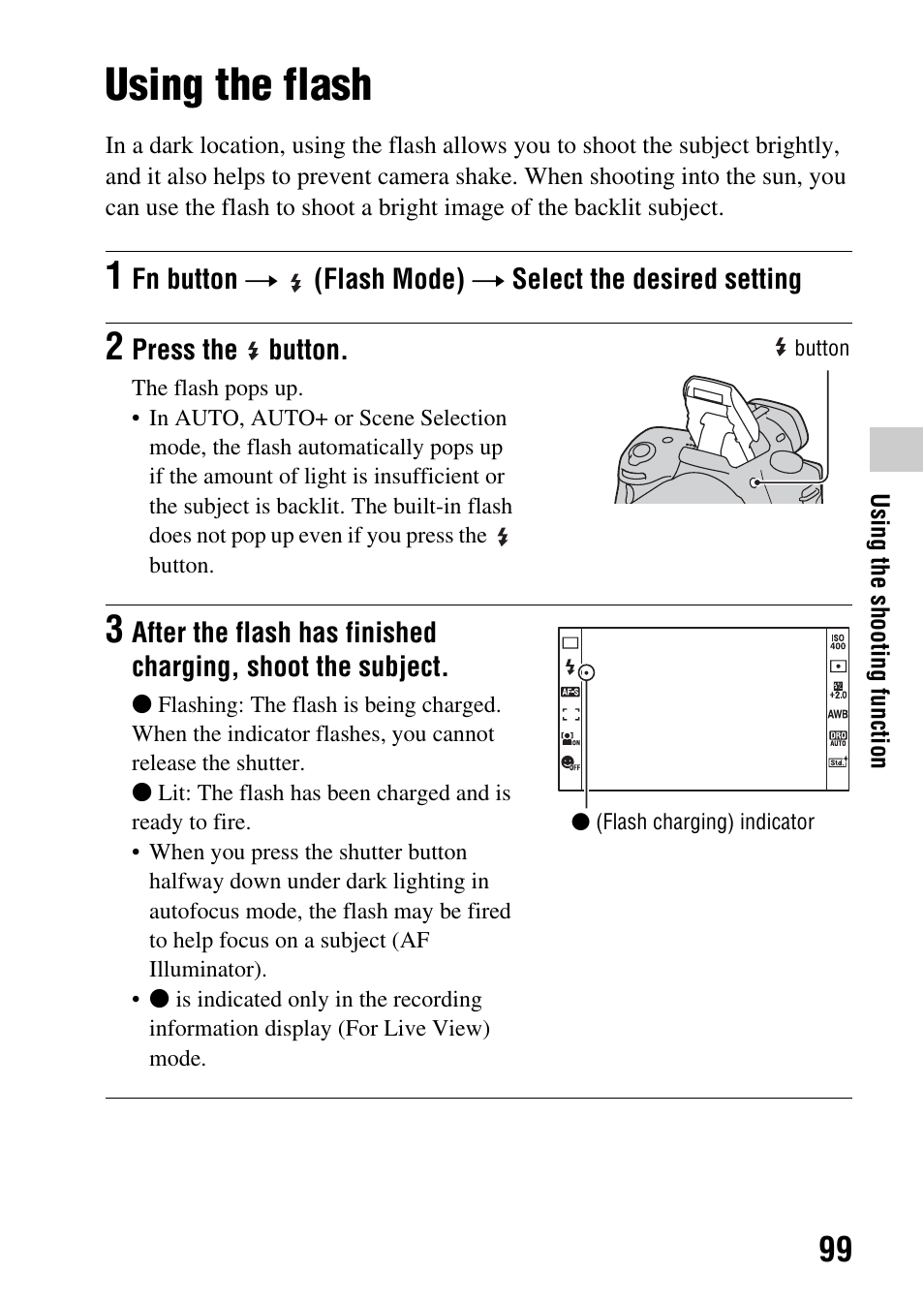 Using the flash, In flash* (99), N (99) | 99)/r, Ode (99) | Sony SLT-A35 User Manual | Page 99 / 202