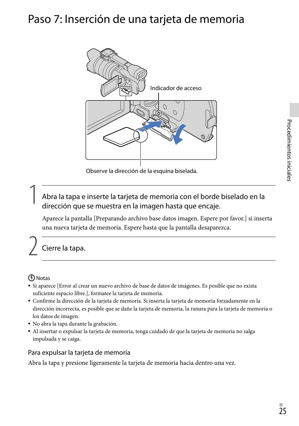 Paso 7: inserción de una tarjeta de memoria, 25) es | Sony NEX-VG20 User Manual | Page 103 / 155