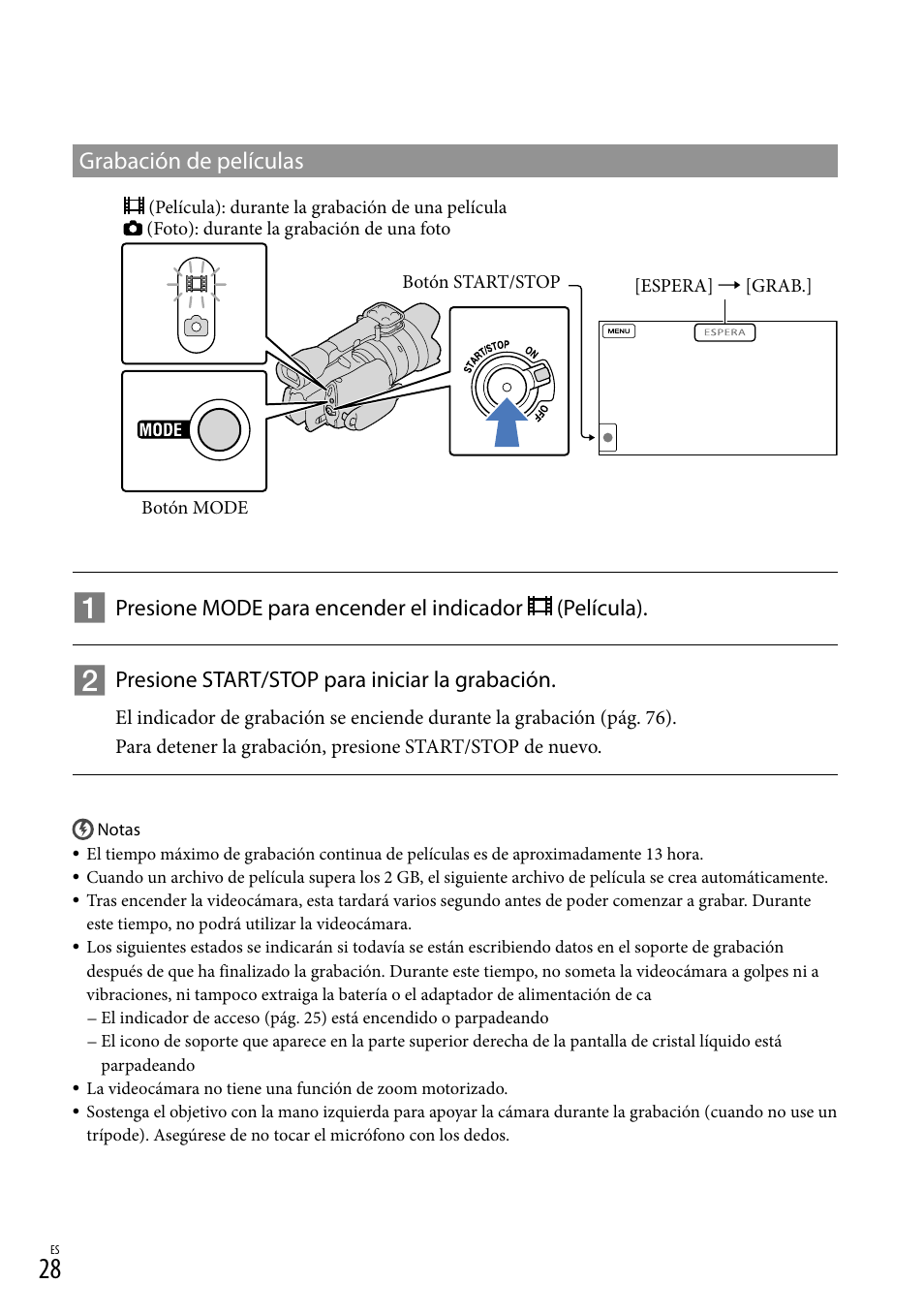 28) y e, Grabación de películas, Presione start/stop para iniciar la grabación | Sony NEX-VG20 User Manual | Page 106 / 155