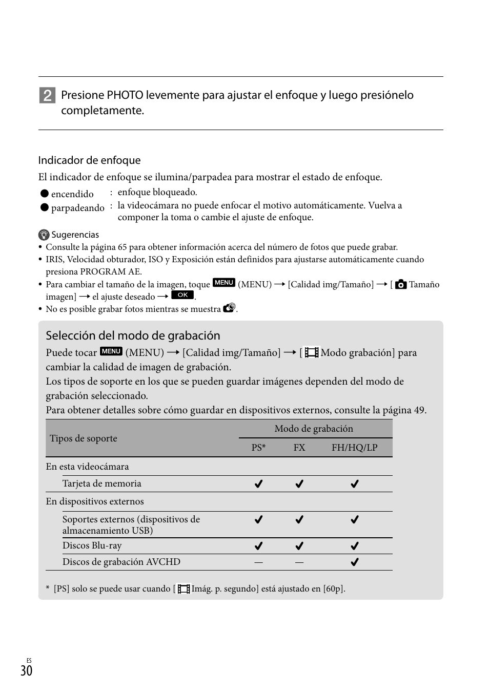 Selección del modo de grabación | Sony NEX-VG20 User Manual | Page 108 / 155