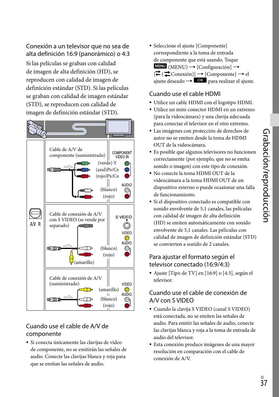 Gr abación/r epr oduc ción, Cuando use el cable de a/v de componente, Cuando use el cable hdmi | Cuando use el cable de conexión de a/v con s video | Sony NEX-VG20 User Manual | Page 115 / 155