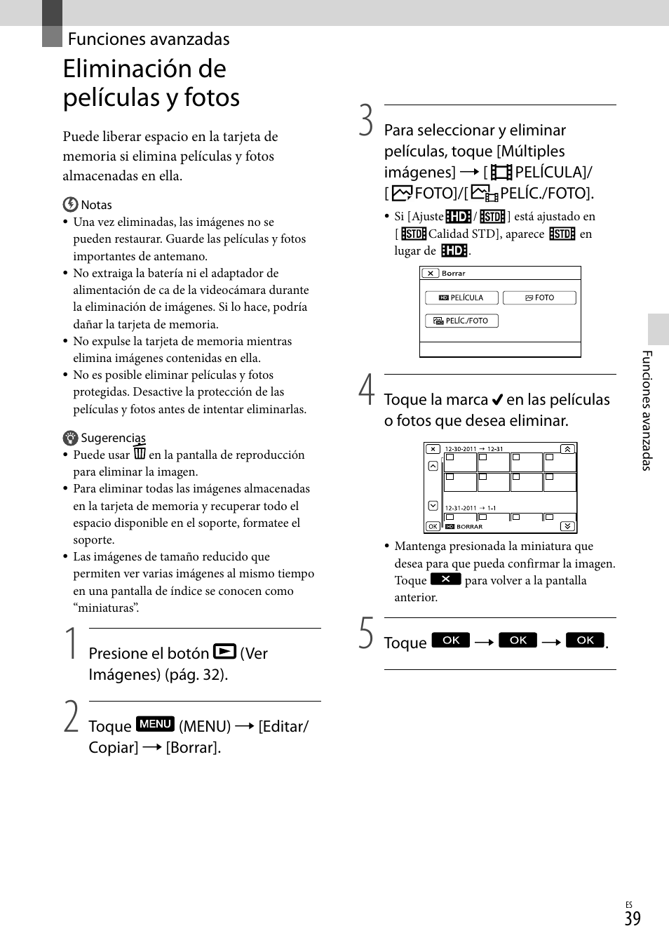 Funciones avanzadas, Eliminación de películas y fotos | Sony NEX-VG20 User Manual | Page 117 / 155