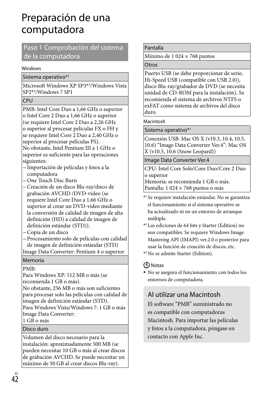 Preparación de una computadora, Al utilizar una macintosh, Paso 1 comprobación del sistema de la computadora | Sony NEX-VG20 User Manual | Page 120 / 155