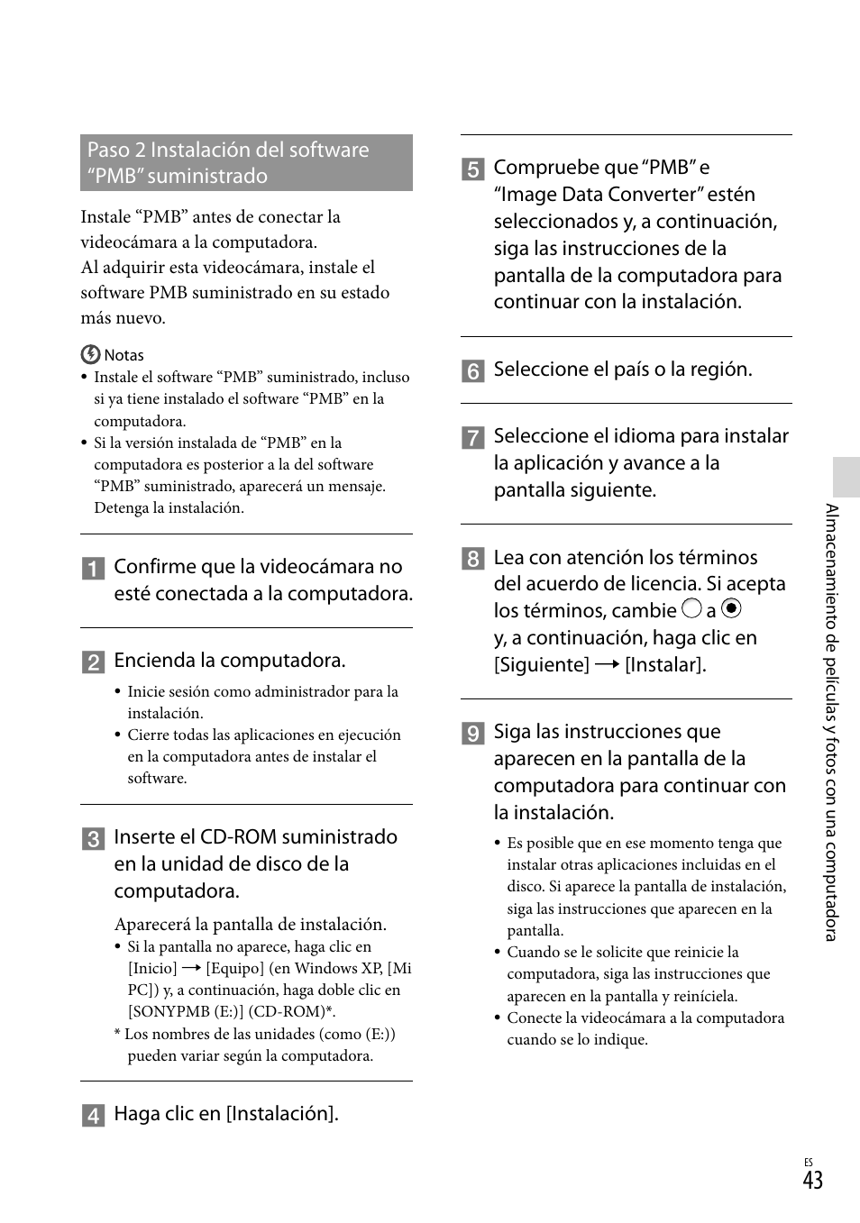 Paso 2 instalación del software “pmb” suministrado | Sony NEX-VG20 User Manual | Page 121 / 155