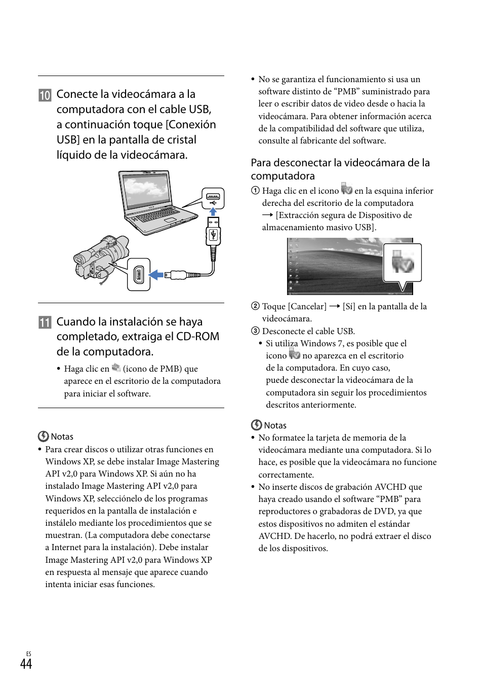 Para desconectar la videocámara de la computadora | Sony NEX-VG20 User Manual | Page 122 / 155