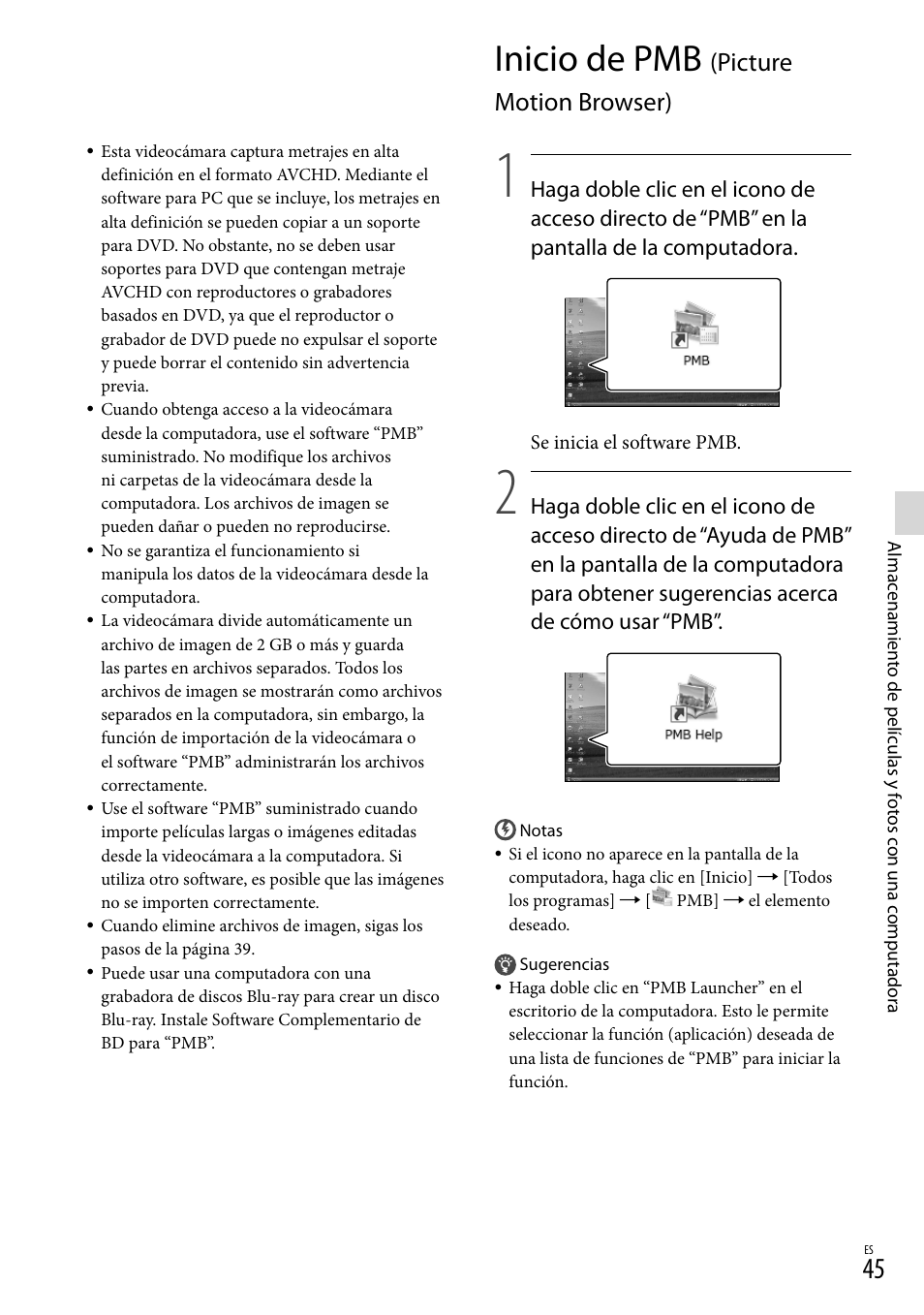 Inicio de pmb (picture motion browser), Inicio de pmb, Picture motion browser) | Sony NEX-VG20 User Manual | Page 123 / 155