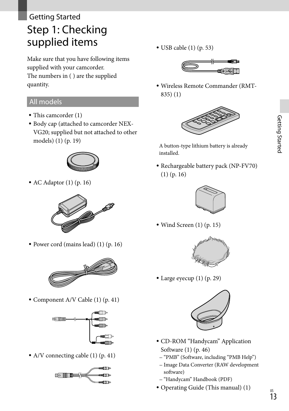 Getting started, Step 1: checking supplied items, All models | Sony NEX-VG20 User Manual | Page 13 / 155