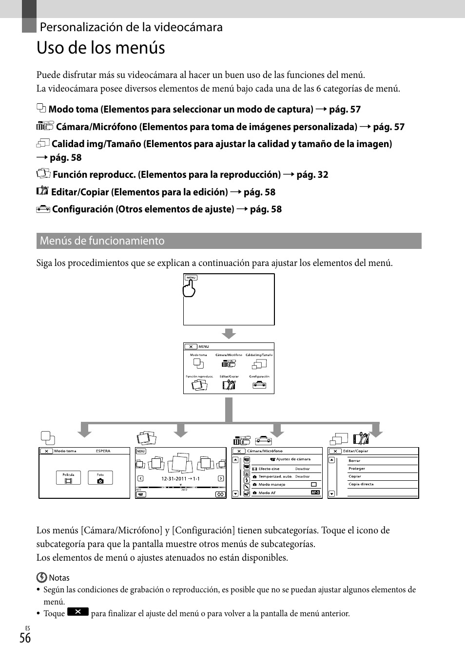 Personalización de la videocámara, Uso de los menús | Sony NEX-VG20 User Manual | Page 134 / 155