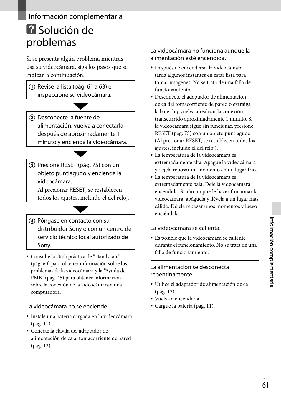 Información complementaria, Solución de problemas | Sony NEX-VG20 User Manual | Page 139 / 155