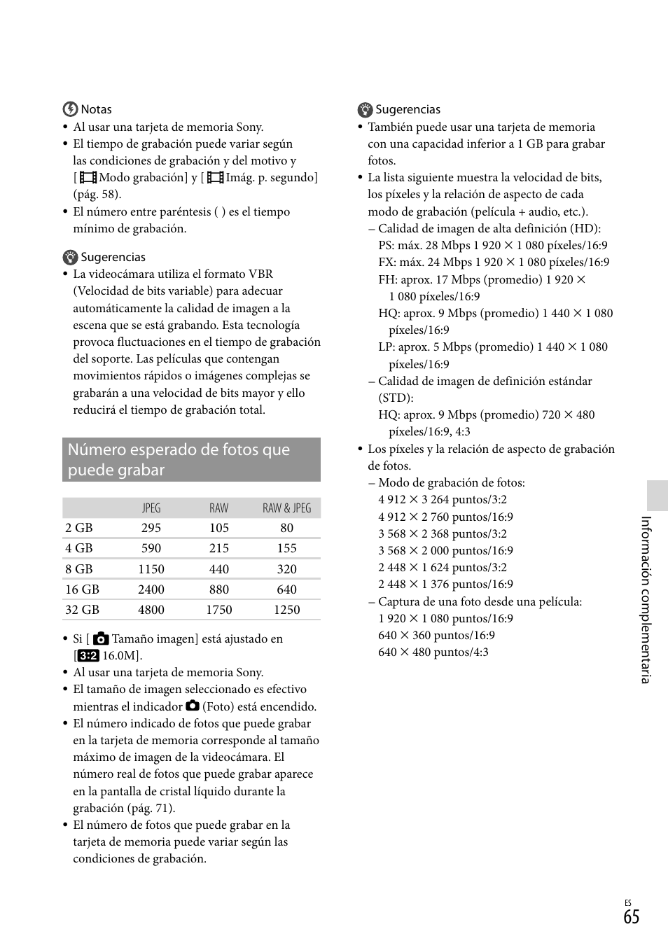 Número esperado de fotos que puede grabar | Sony NEX-VG20 User Manual | Page 143 / 155