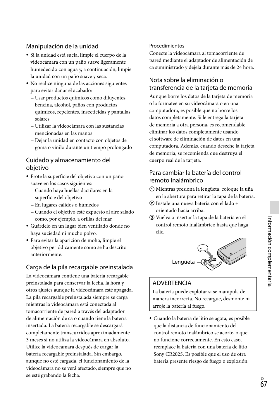 Manipulación de la unidad, Cuidado y almacenamiento del objetivo, Carga de la pila recargable preinstalada | Advertencia | Sony NEX-VG20 User Manual | Page 145 / 155