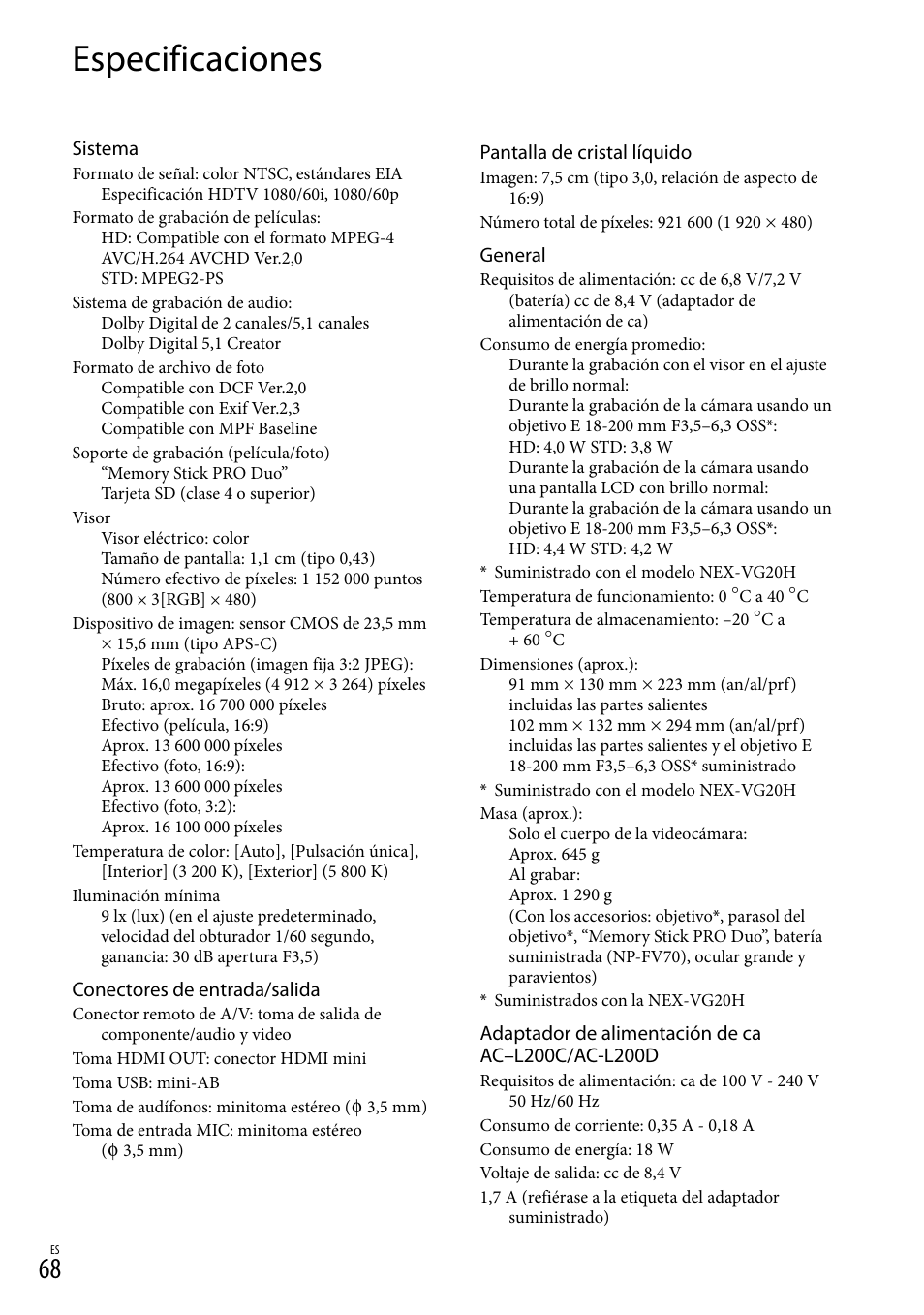 Especificaciones | Sony NEX-VG20 User Manual | Page 146 / 155