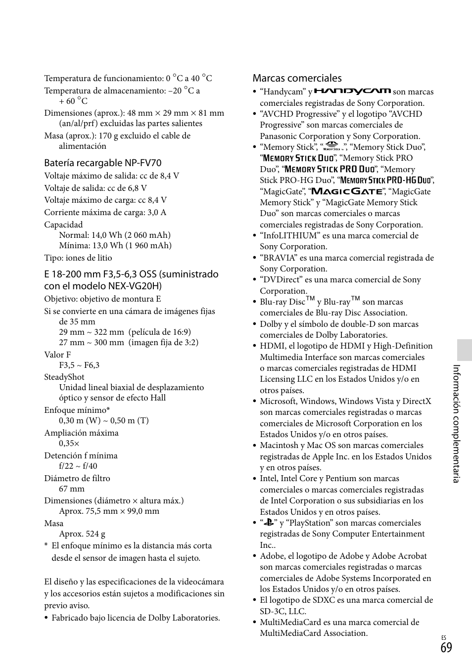 Marcas comerciales, Batería recargable np-fv70 | Sony NEX-VG20 User Manual | Page 147 / 155