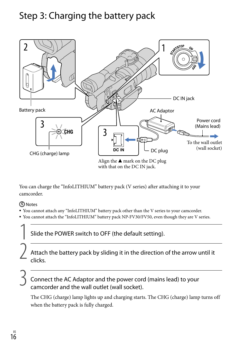 Step 3: charging the battery pack | Sony NEX-VG20 User Manual | Page 16 / 155