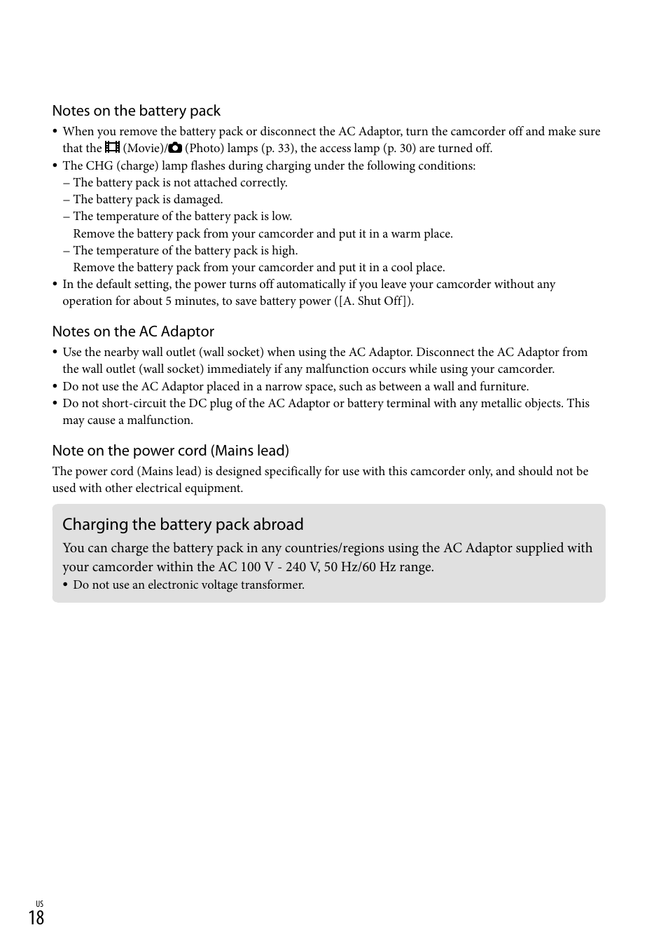 Charging the battery pack abroad | Sony NEX-VG20 User Manual | Page 18 / 155