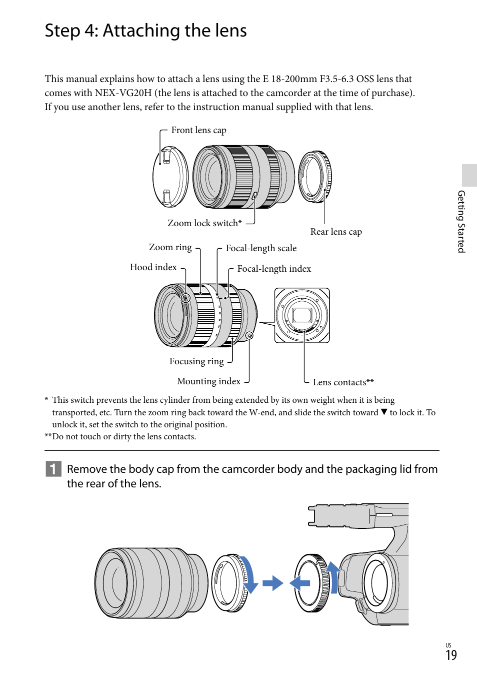 Step 4: attaching the lens | Sony NEX-VG20 User Manual | Page 19 / 155