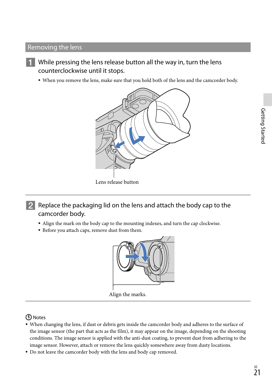 Removing the lens | Sony NEX-VG20 User Manual | Page 21 / 155