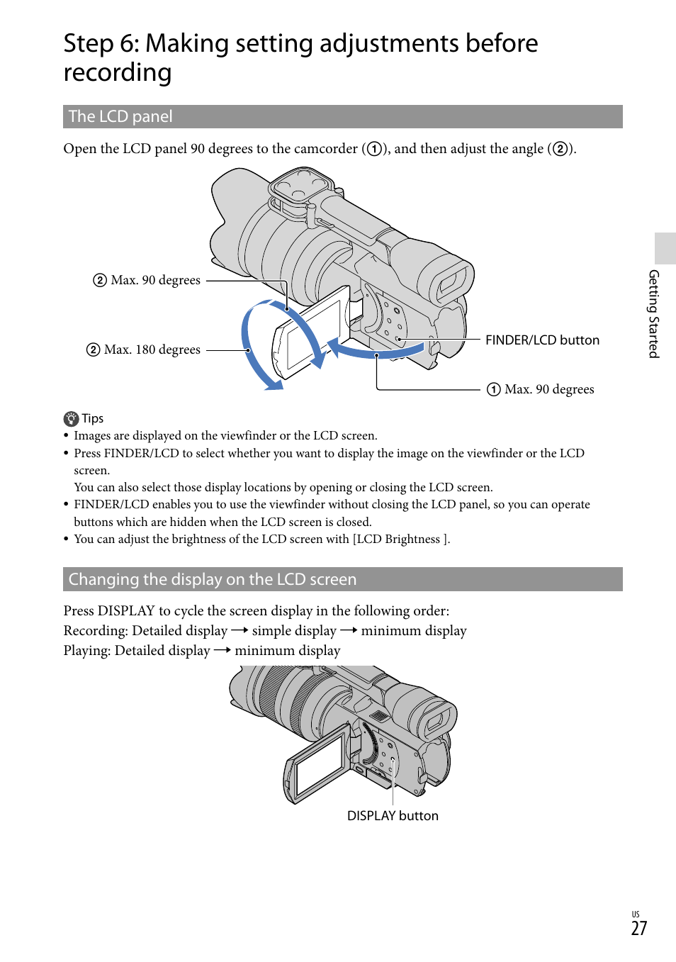 The lcd panel, Changing the display on the lcd screen | Sony NEX-VG20 User Manual | Page 27 / 155