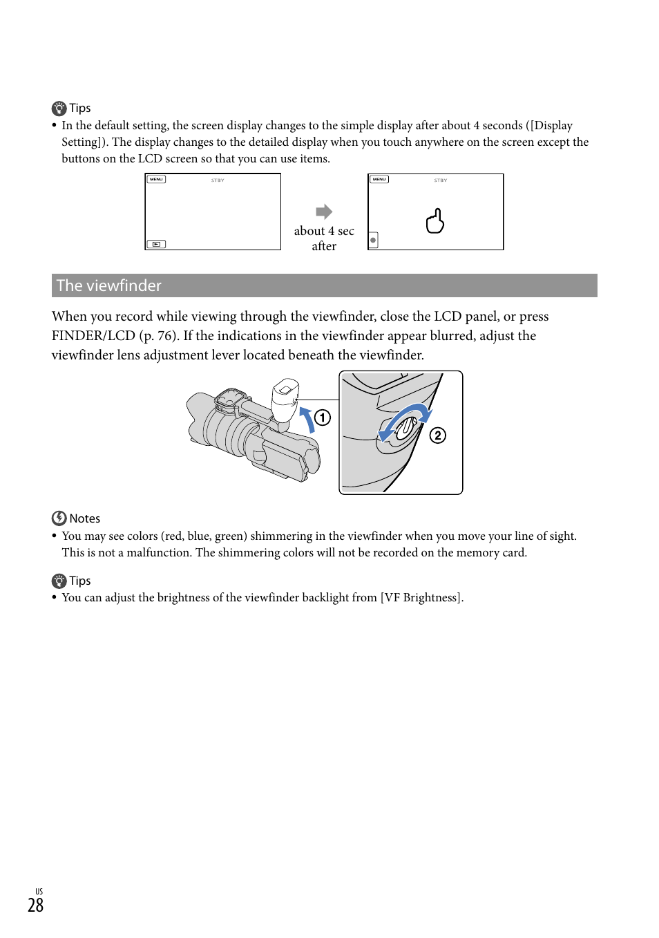 The viewfinder | Sony NEX-VG20 User Manual | Page 28 / 155