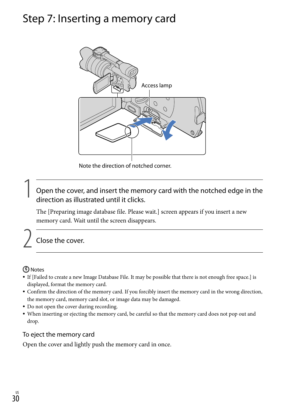 Step 7: inserting a memory card | Sony NEX-VG20 User Manual | Page 30 / 155