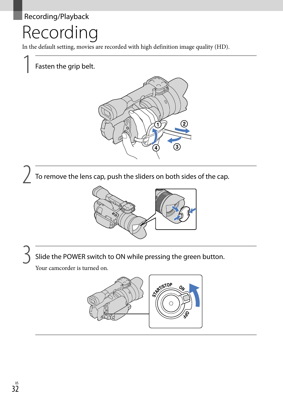 Recording/playback, Recording | Sony NEX-VG20 User Manual | Page 32 / 155