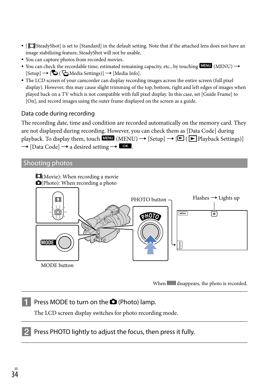 Shooting photos | Sony NEX-VG20 User Manual | Page 34 / 155