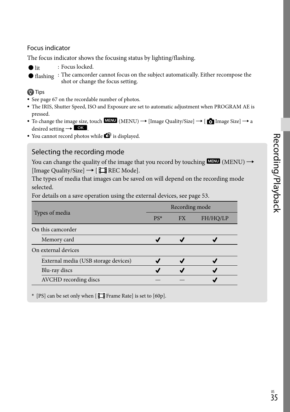 Selecting the recording mode, Rec or ding/p la yback | Sony NEX-VG20 User Manual | Page 35 / 155