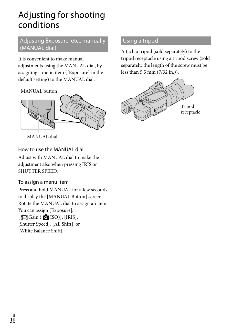 Adjusting for shooting conditions | Sony NEX-VG20 User Manual | Page 36 / 155