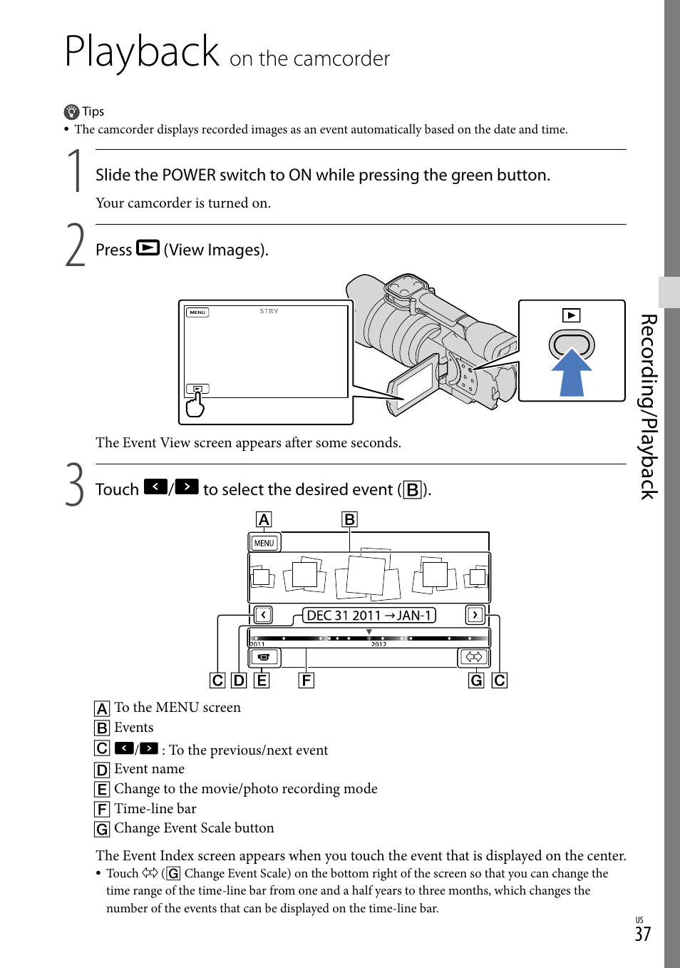 Playback on the camcorder, Playback, Rec or ding/p la yback | On.the.camcorder | Sony NEX-VG20 User Manual | Page 37 / 155