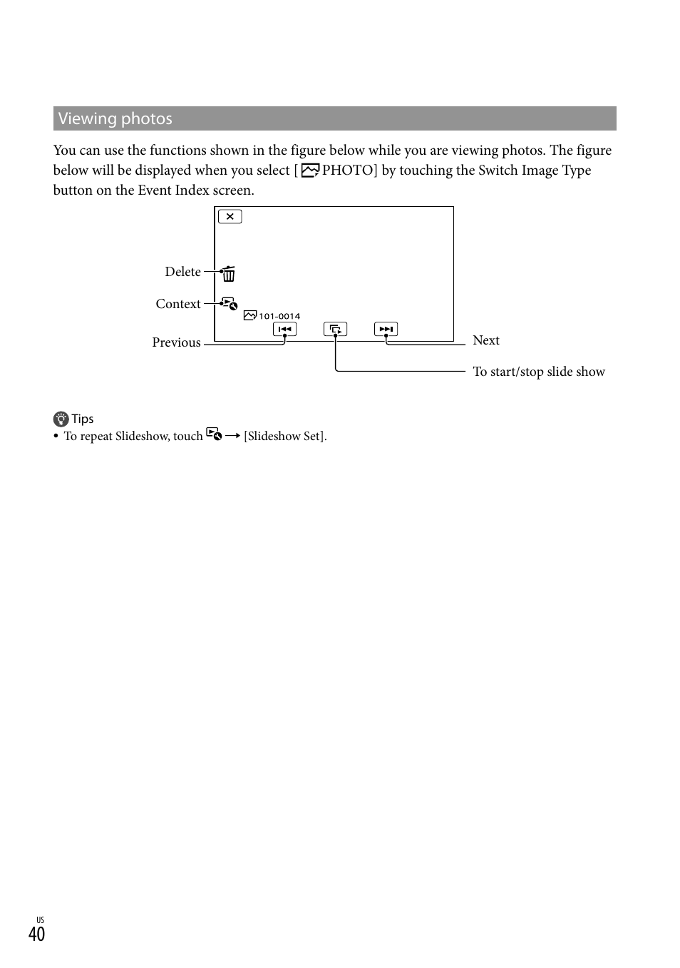 Viewing photos | Sony NEX-VG20 User Manual | Page 40 / 155