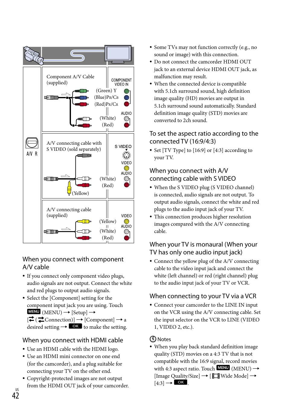 When you connect with component a/v cable, When you connect with hdmi cable, When connecting to your tv via a vcr | Sony NEX-VG20 User Manual | Page 42 / 155