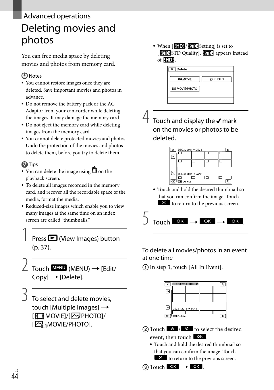 Advanced operations, Deleting movies and photos | Sony NEX-VG20 User Manual | Page 44 / 155