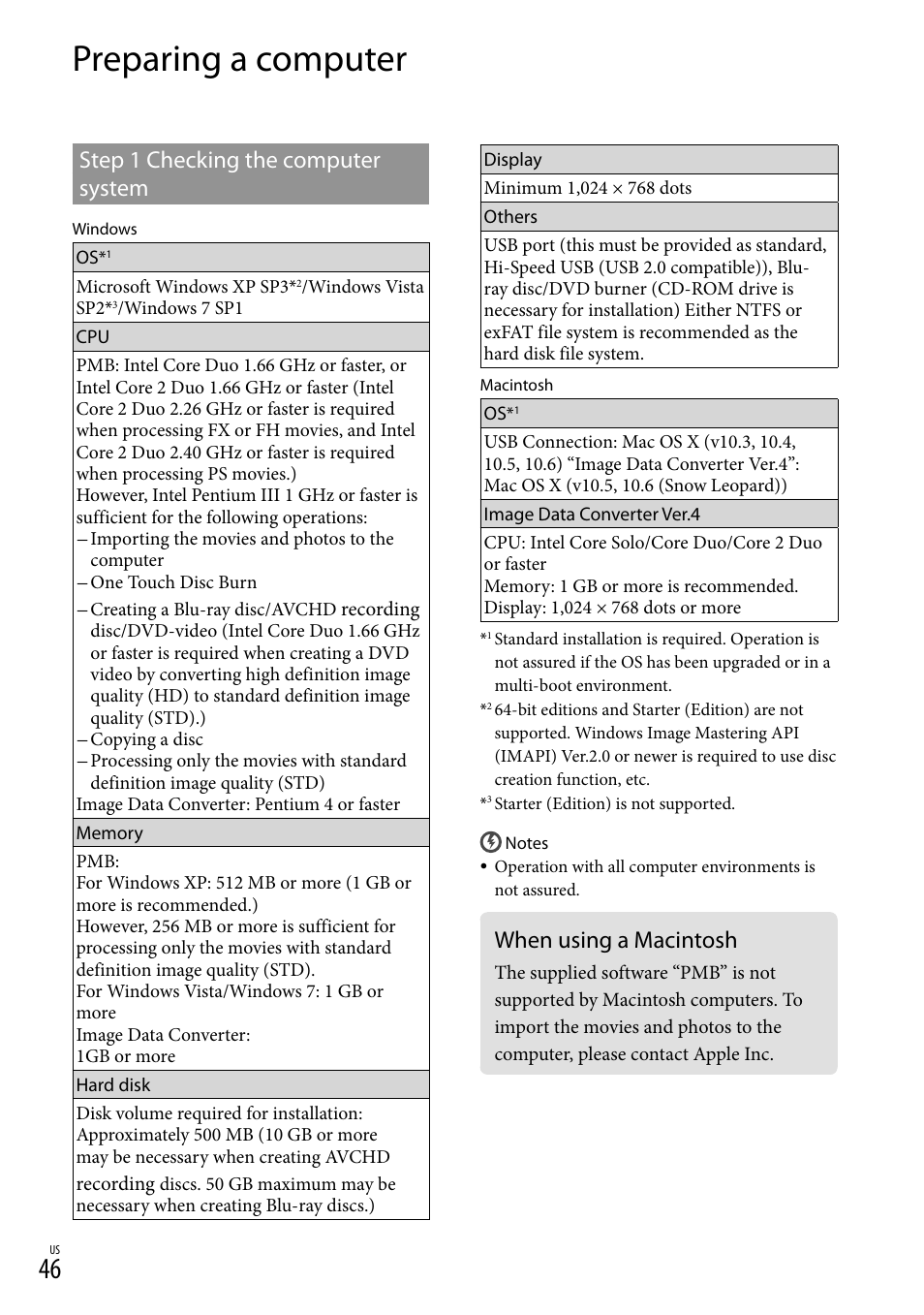 Preparing a computer, When using a macintosh, Step 1 checking the computer system | Sony NEX-VG20 User Manual | Page 46 / 155