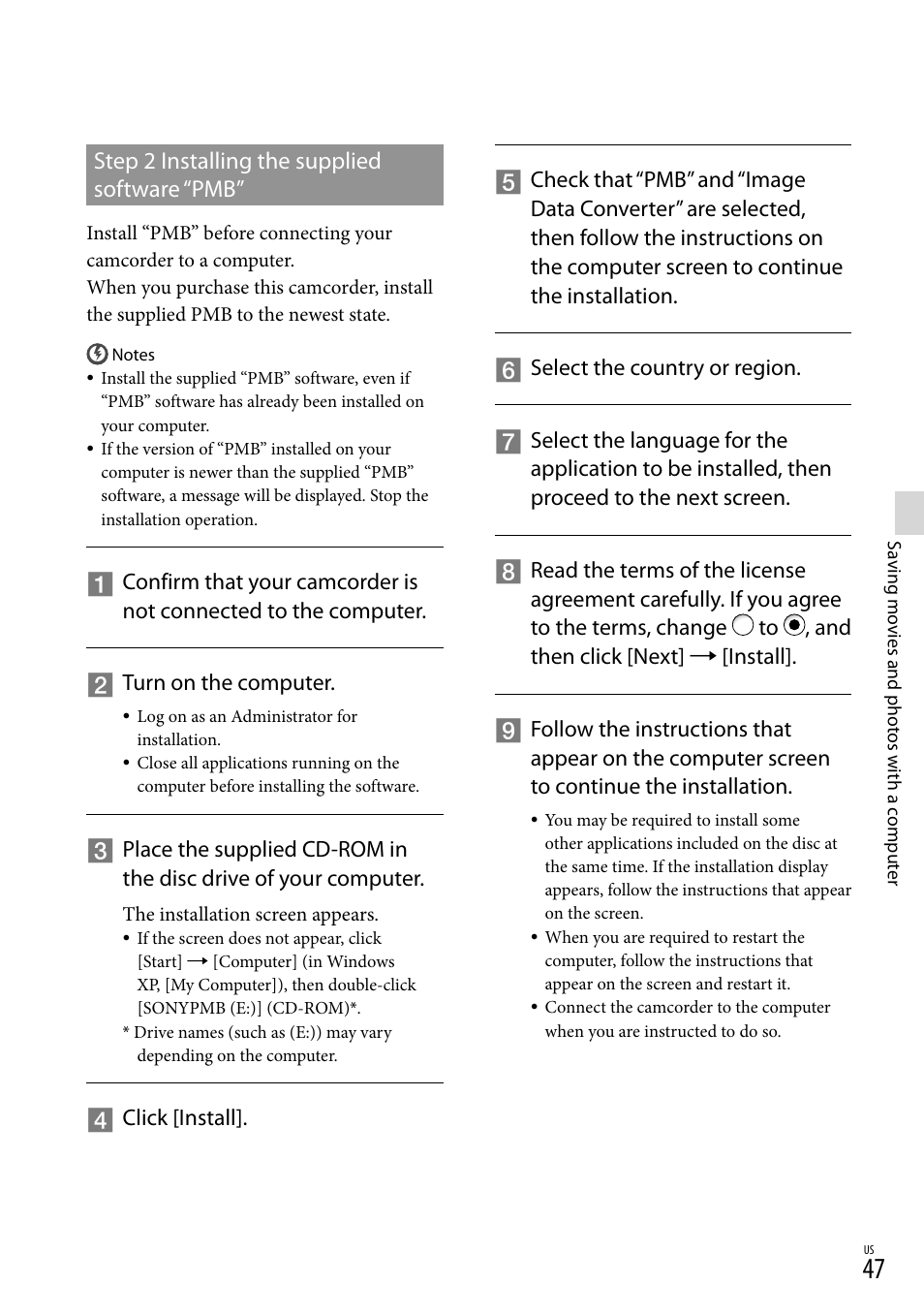 Step 2 installing the supplied software “pmb | Sony NEX-VG20 User Manual | Page 47 / 155