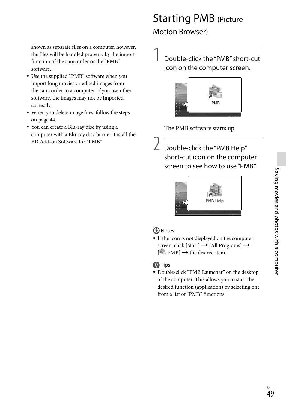 Starting pmb (picture motion browser), Starting pmb, Picture motion browser) | Sony NEX-VG20 User Manual | Page 49 / 155