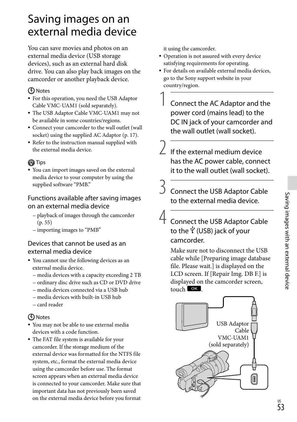 Saving images on an external media device | Sony NEX-VG20 User Manual | Page 53 / 155