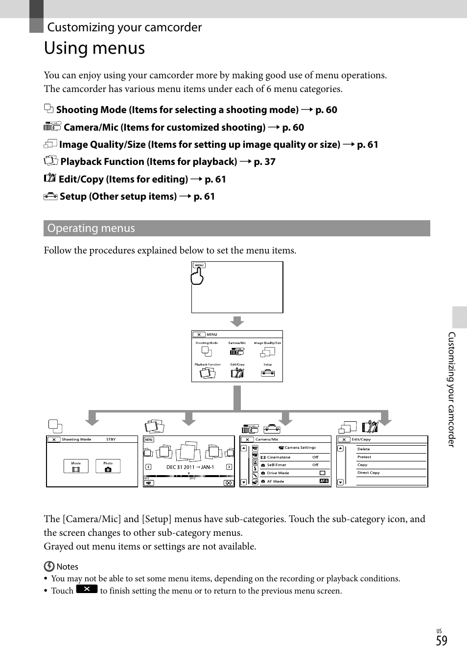 Customizing your camcorder, Using menus | Sony NEX-VG20 User Manual | Page 59 / 155