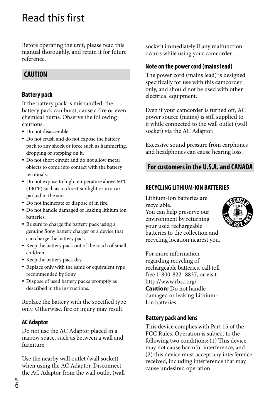 Read this first, Caution, For customers in the u.s.a. and canada | Sony NEX-VG20 User Manual | Page 6 / 155