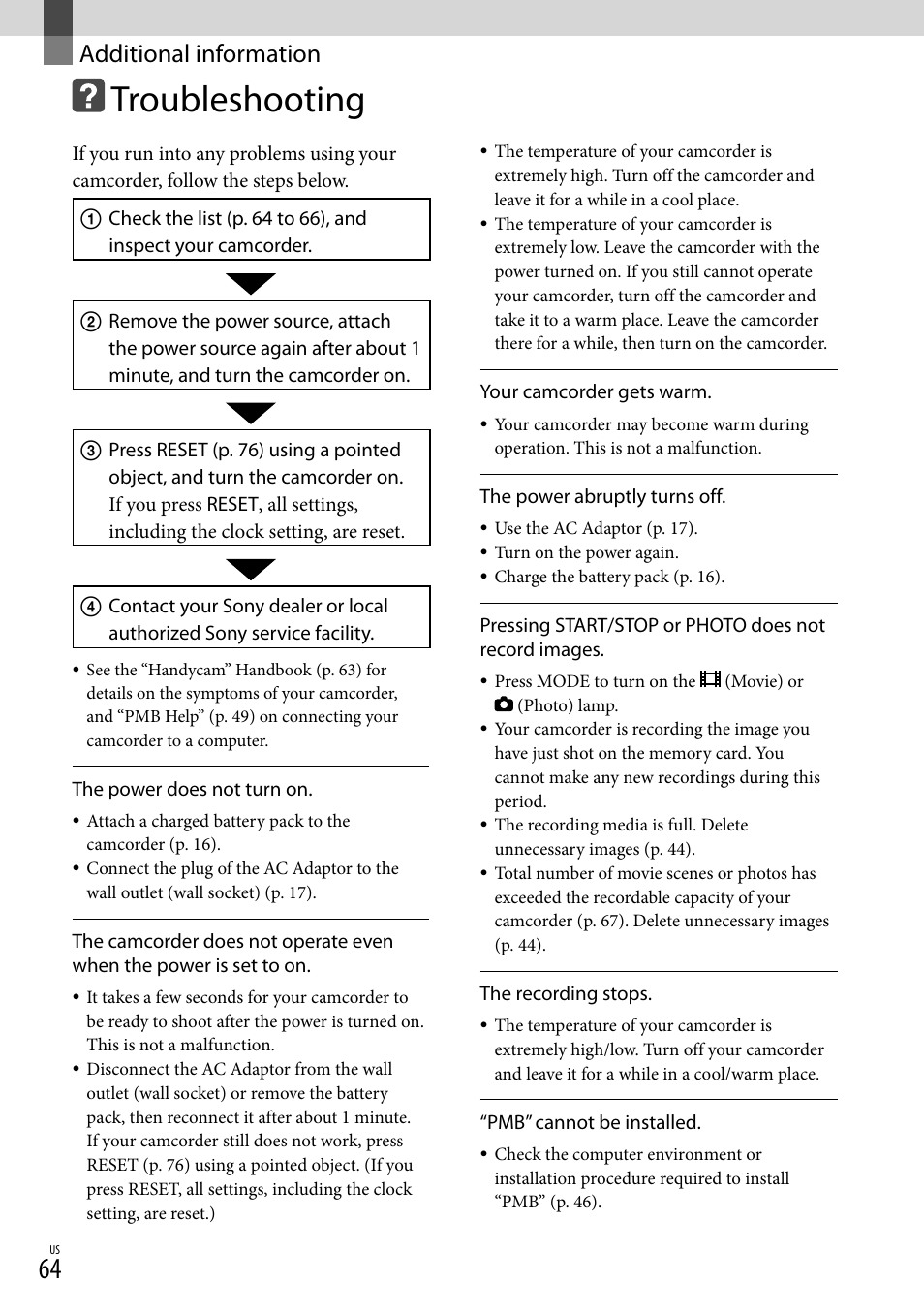 Additional information, Troubleshooting | Sony NEX-VG20 User Manual | Page 64 / 155