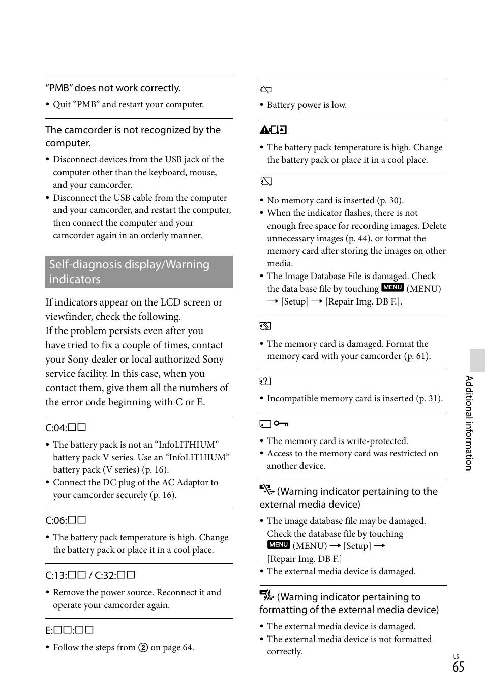 Self-diagnosis display/warning indicators | Sony NEX-VG20 User Manual | Page 65 / 155