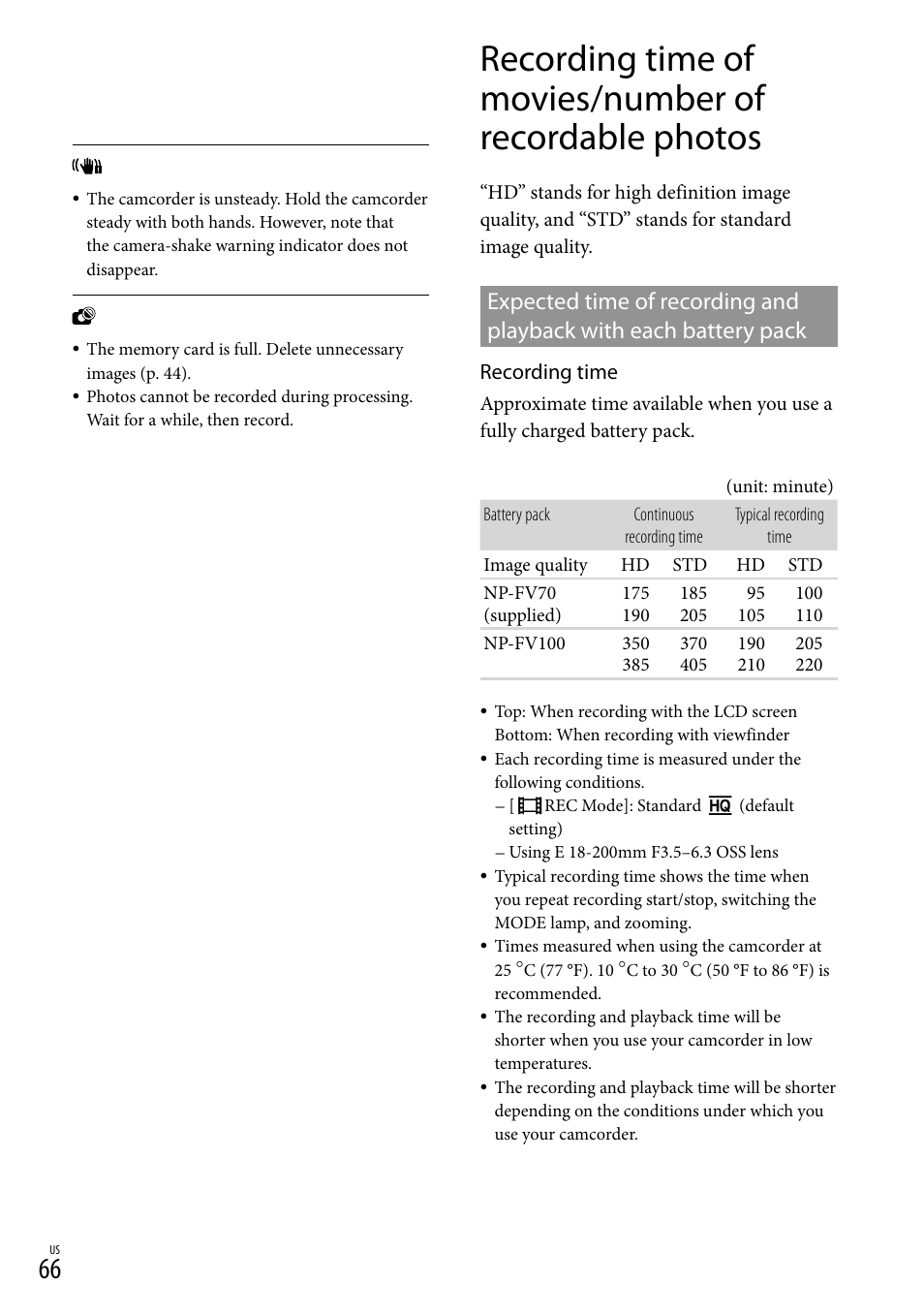 O 66), and | Sony NEX-VG20 User Manual | Page 66 / 155