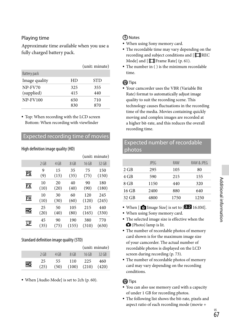 67). d, Expected number of recordable photos, Expected recording time of movies | Playing time | Sony NEX-VG20 User Manual | Page 67 / 155