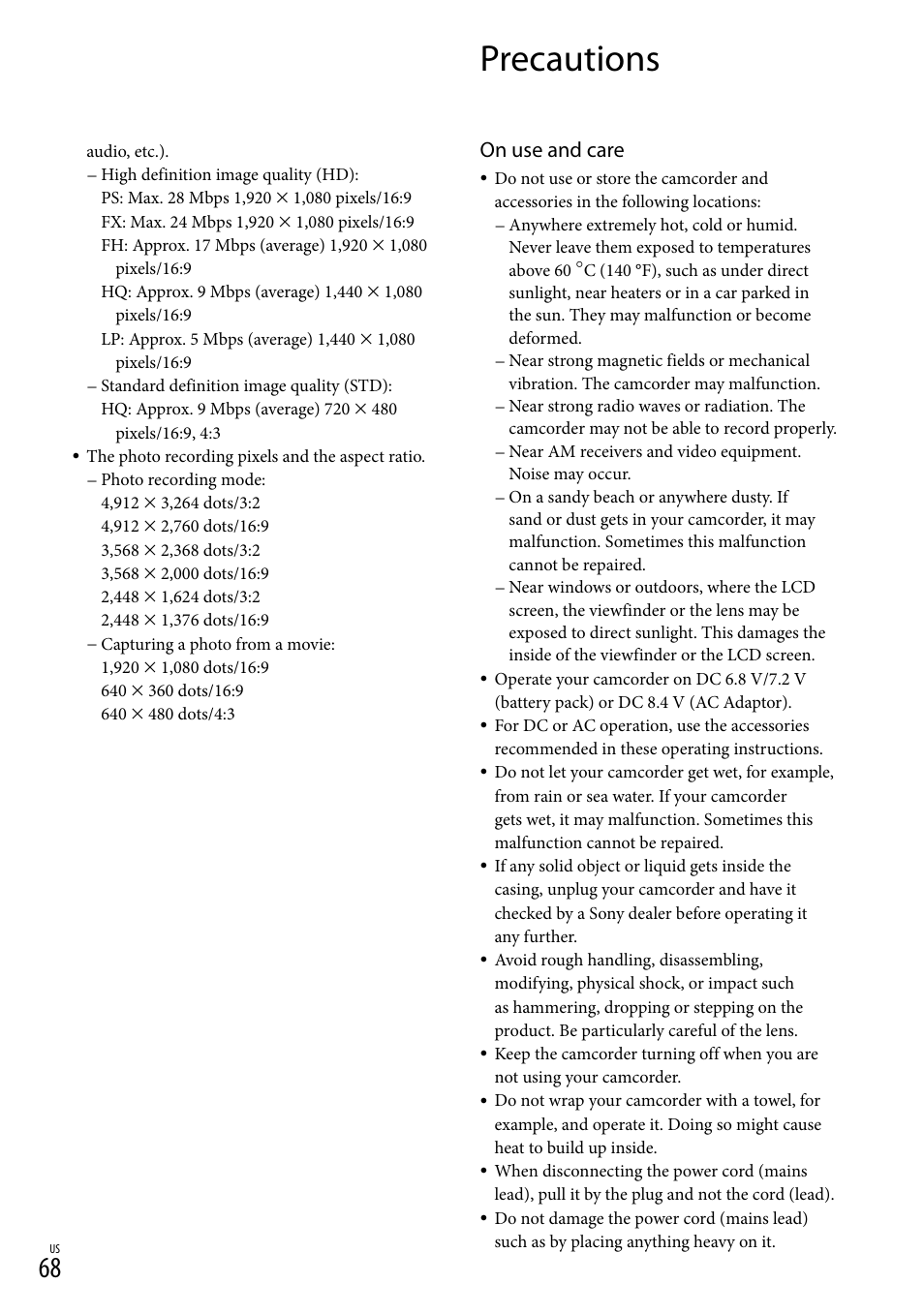 Precautions, On use and care | Sony NEX-VG20 User Manual | Page 68 / 155